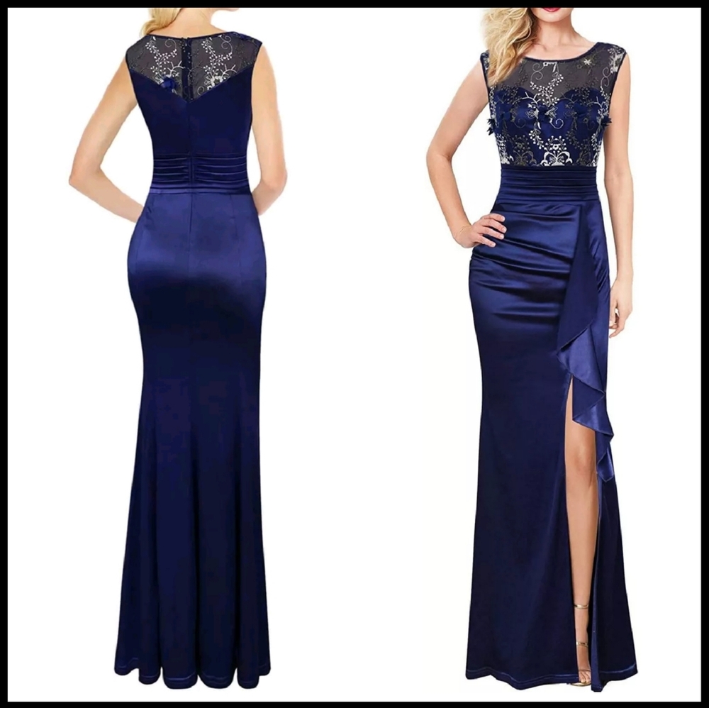Party Time Embroidered Blue Sleeveless Lace Prom Formal Dress Gown